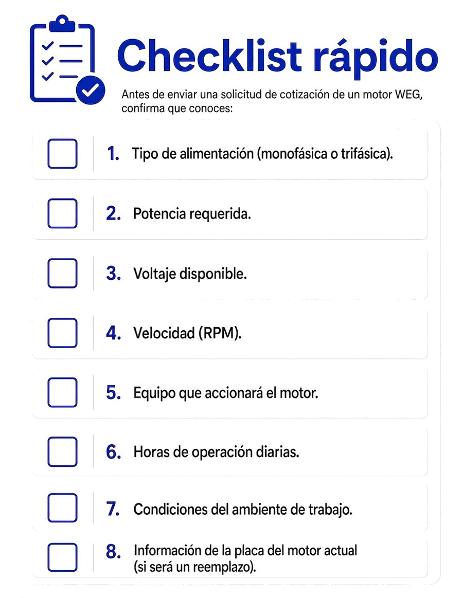 Checklist con los datos necesarios antes de elegir un motor WEG