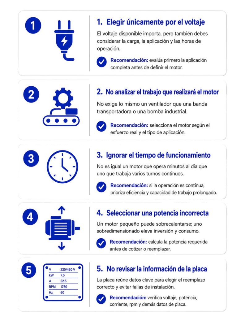 Infografía con cinco errores al seleccionar un motor eléctrico WEG