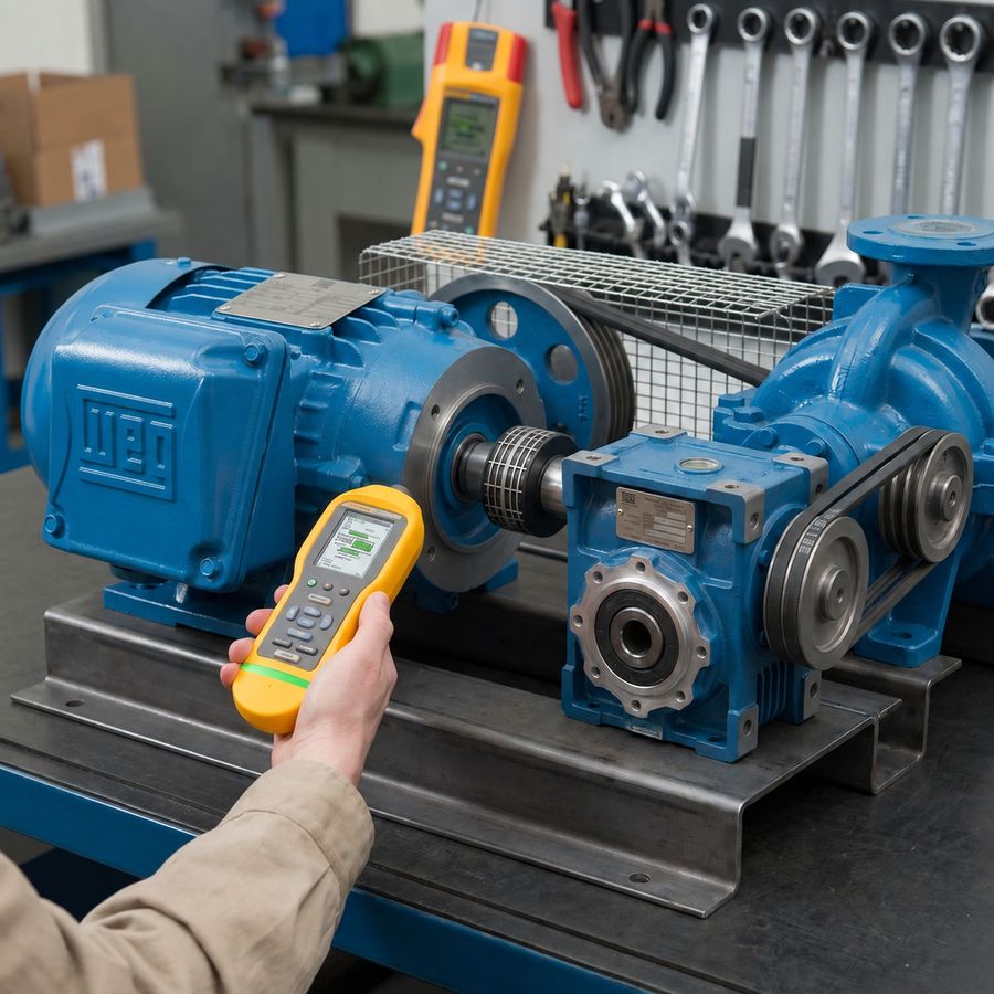 Técnico midiendo vibraciones en un sistema de transmisión con motor WEG